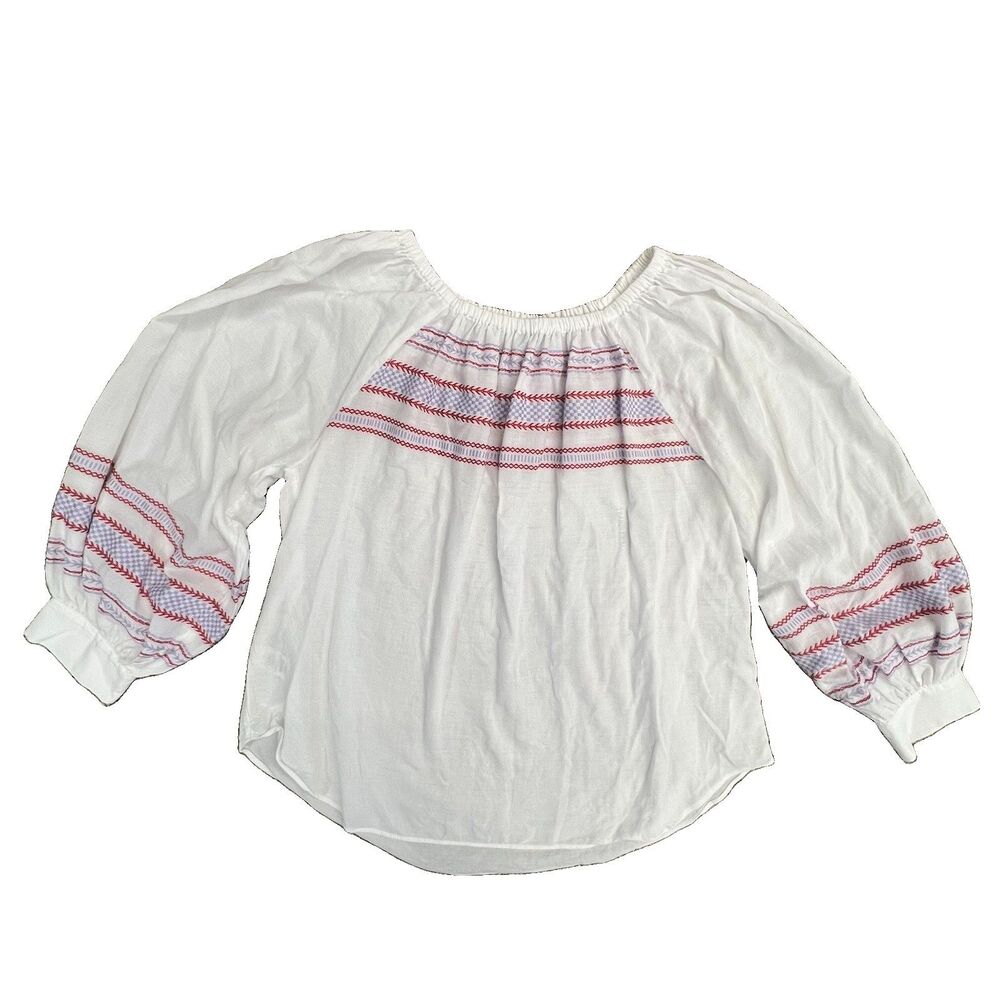White Embroidered Cotton Peasant Blouse Med Long Sleeve Breathable Natural